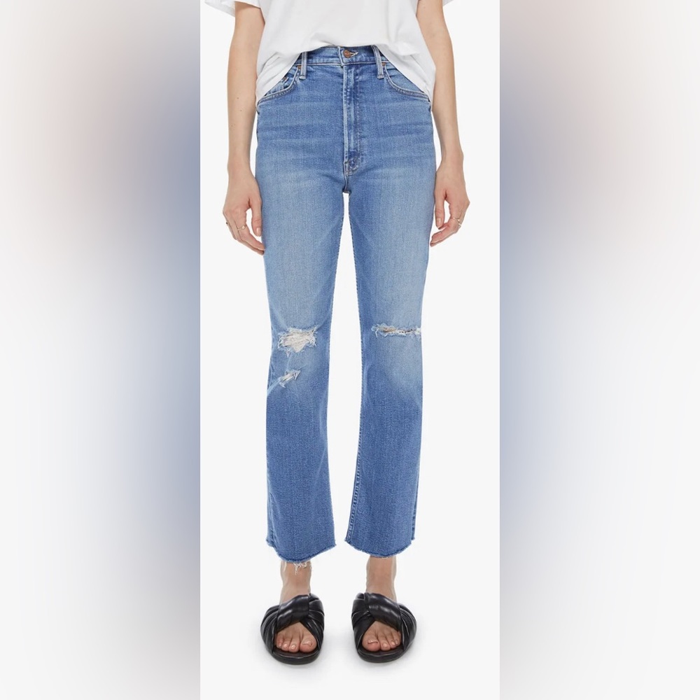 MOTHER High Waisted Rider Ankle Fray Jeans in Party Like A Pirate wash, size 27.